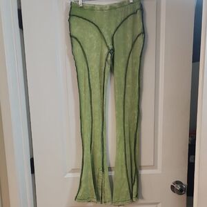 Green Flared Pants with Black Stitching